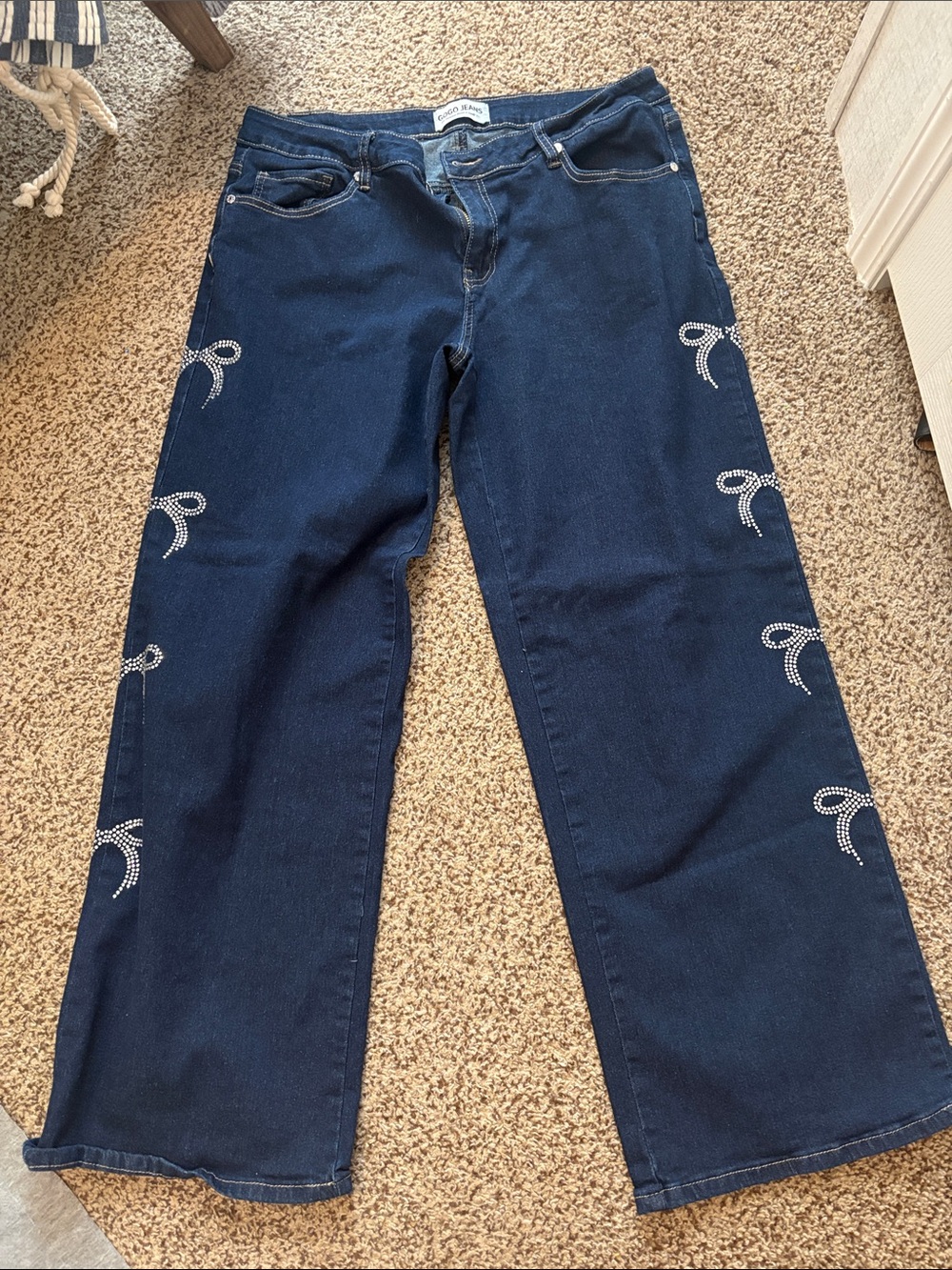 GOGO Navy Wide-Leg Jeans with Rhinestone Bow Trim
